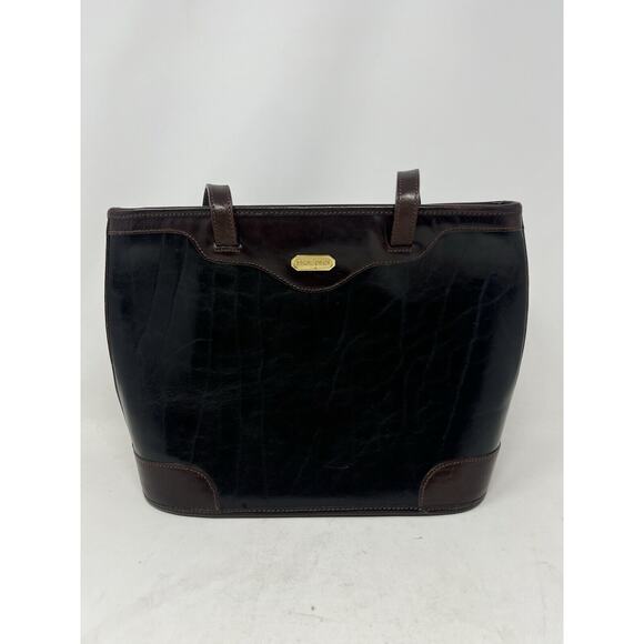 Vtg Brahmin Handbag Black & Brown Smooth Leather‎ W/ Top Double Handles & Zipper - Picture 1 of 11